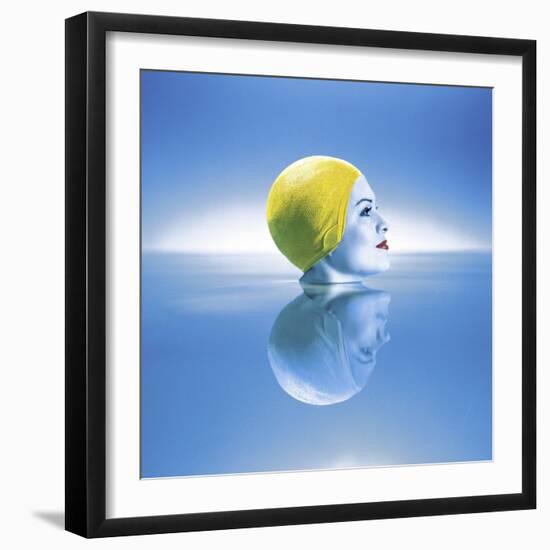 Woman in Yellow Swim Cap with Reflection-null-Framed Photographic Print