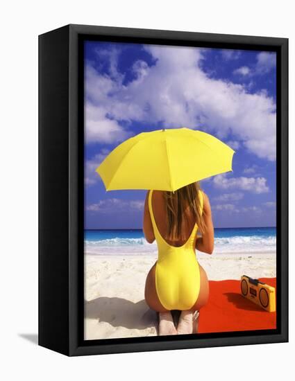 Woman in Yellow Swimsuit with Umbrella-Bill Bachmann-Framed Premier Image Canvas