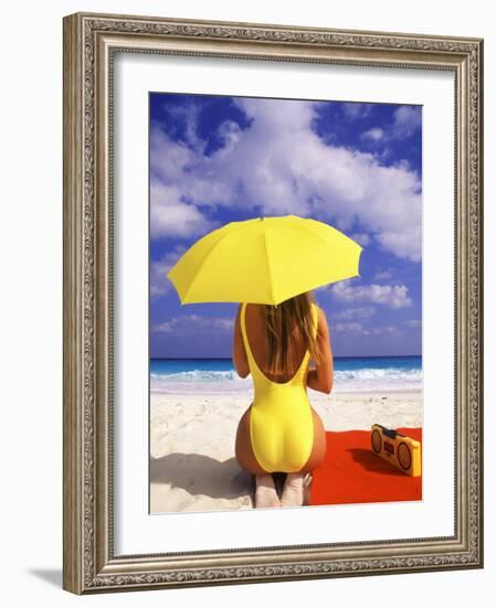 Woman in Yellow Swimsuit with Umbrella-Bill Bachmann-Framed Photographic Print