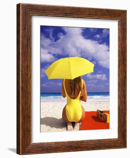 Woman in Yellow Swimsuit with Umbrella-Bill Bachmann-Framed Photographic Print