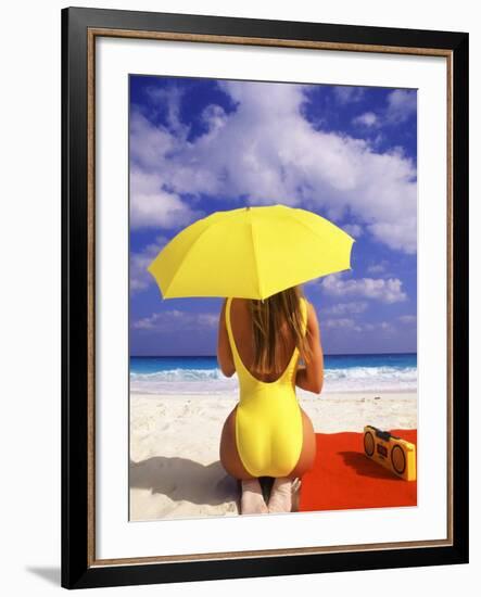 Woman in Yellow Swimsuit with Umbrella-Bill Bachmann-Framed Photographic Print