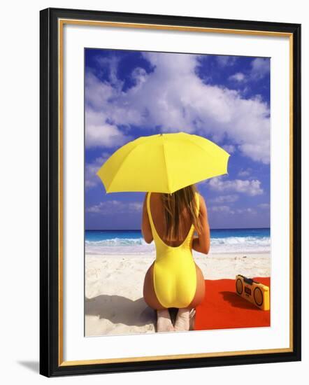 Woman in Yellow Swimsuit with Umbrella-Bill Bachmann-Framed Photographic Print