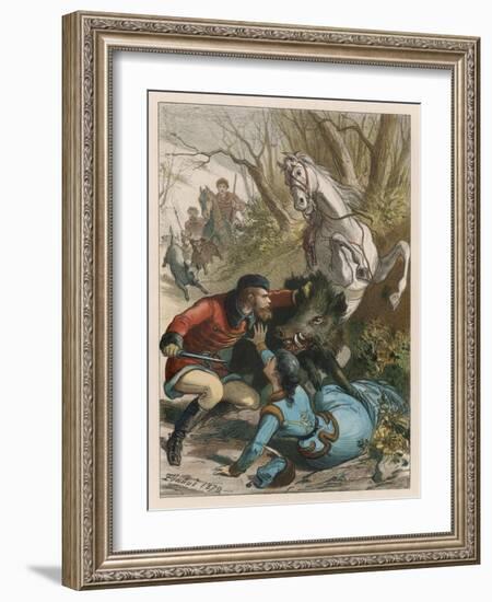 Woman is Rescued from a Wild Boar During a Hunting Expedition-D. Eusebio Planas-Framed Art Print