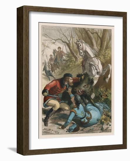 Woman is Rescued from a Wild Boar During a Hunting Expedition-D. Eusebio Planas-Framed Art Print