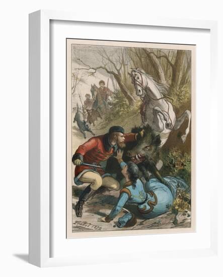 Woman is Rescued from a Wild Boar During a Hunting Expedition-D. Eusebio Planas-Framed Art Print