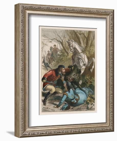 Woman is Rescued from a Wild Boar During a Hunting Expedition-D. Eusebio Planas-Framed Art Print