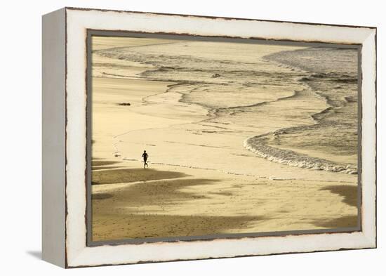 Woman Jogging at Sunrise on Gwithian Beach, Cornwall, England, United Kingdom-Mark Chivers-Framed Premier Image Canvas