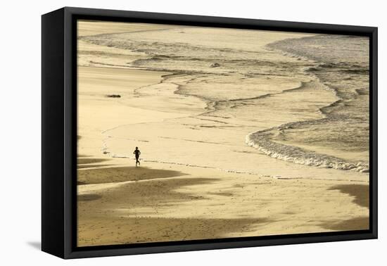 Woman Jogging at Sunrise on Gwithian Beach, Cornwall, England, United Kingdom-Mark Chivers-Framed Premier Image Canvas