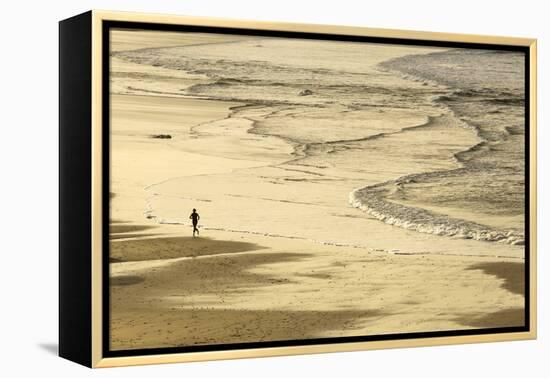 Woman Jogging at Sunrise on Gwithian Beach, Cornwall, England, United Kingdom-Mark Chivers-Framed Premier Image Canvas