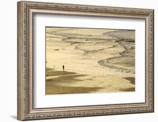 Woman Jogging at Sunrise on Gwithian Beach, Cornwall, England, United Kingdom-Mark Chivers-Framed Photographic Print