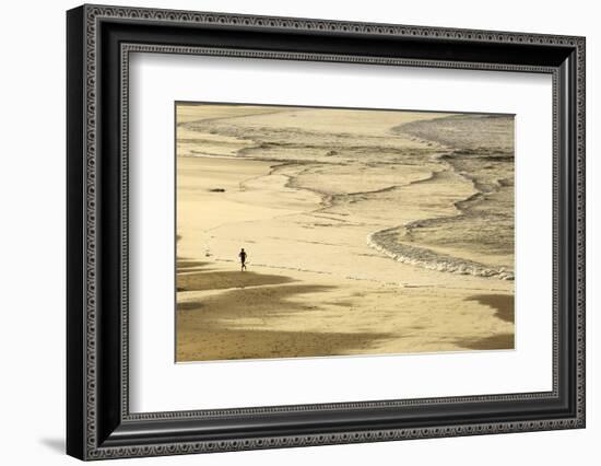 Woman Jogging at Sunrise on Gwithian Beach, Cornwall, England, United Kingdom-Mark Chivers-Framed Photographic Print
