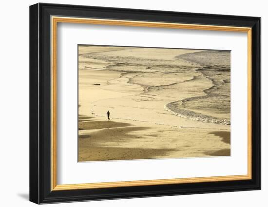 Woman Jogging at Sunrise on Gwithian Beach, Cornwall, England, United Kingdom-Mark Chivers-Framed Photographic Print