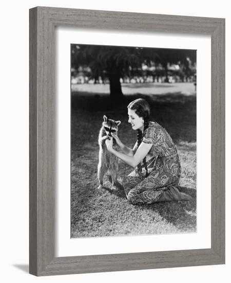 Woman Kneeling on the Lawn Playing with a Tame Raccoon-null-Framed Photo