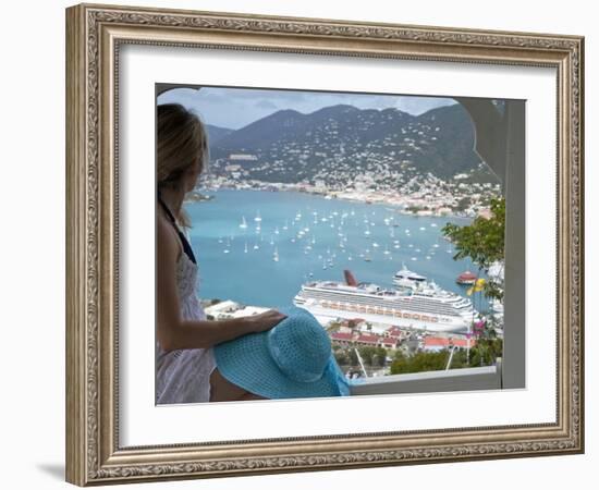 Woman Looking at Cruise Ship in Port, Charlotte Amalie, St. Thomas, US Virgin Islands, Caribbean-Angelo Cavalli-Framed Photographic Print