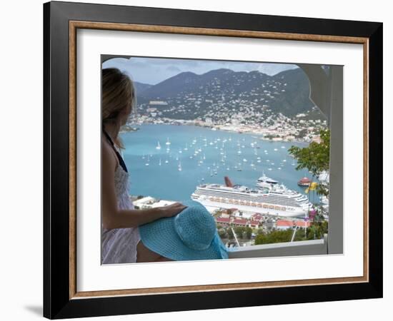 Woman Looking at Cruise Ship in Port, Charlotte Amalie, St. Thomas, US Virgin Islands, Caribbean-Angelo Cavalli-Framed Photographic Print