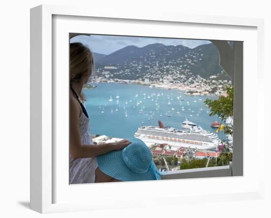 Woman Looking at Cruise Ship in Port, Charlotte Amalie, St. Thomas, US Virgin Islands, Caribbean-Angelo Cavalli-Framed Photographic Print