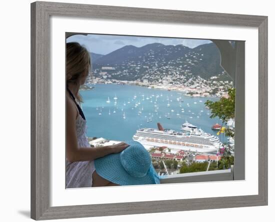 Woman Looking at Cruise Ship in Port, Charlotte Amalie, St. Thomas, US Virgin Islands, Caribbean-Angelo Cavalli-Framed Photographic Print
