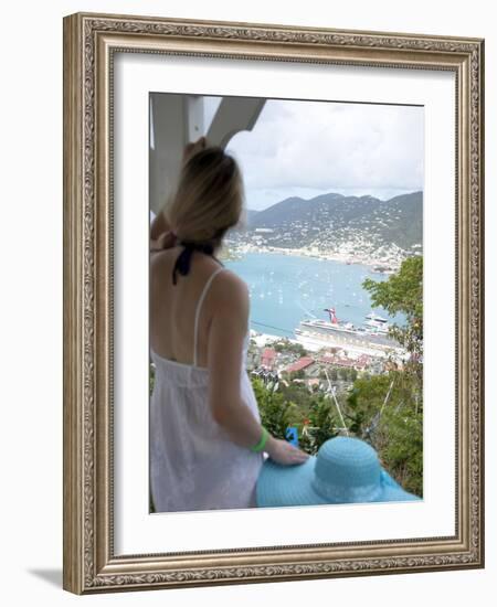 Woman Looking at Cruise Ship in Port, Charlotte Amalie, St. Thomas, US Virgin Islands, Caribbean-Angelo Cavalli-Framed Photographic Print