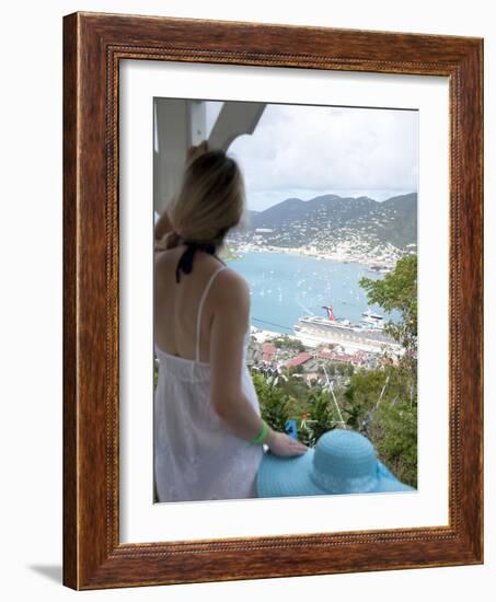 Woman Looking at Cruise Ship in Port, Charlotte Amalie, St. Thomas, US Virgin Islands, Caribbean-Angelo Cavalli-Framed Photographic Print