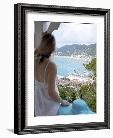 Woman Looking at Cruise Ship in Port, Charlotte Amalie, St. Thomas, US Virgin Islands, Caribbean-Angelo Cavalli-Framed Photographic Print