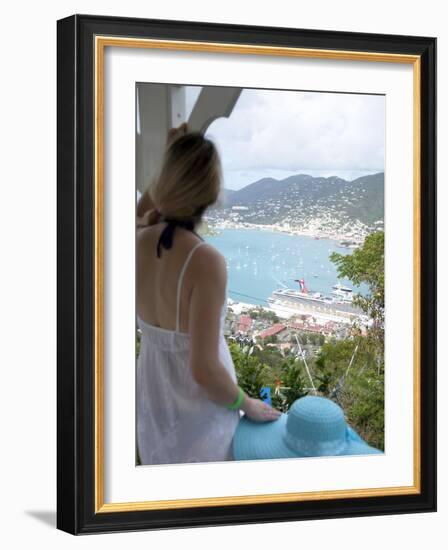 Woman Looking at Cruise Ship in Port, Charlotte Amalie, St. Thomas, US Virgin Islands, Caribbean-Angelo Cavalli-Framed Photographic Print