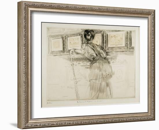 Woman Looking at Watteau Drawings in the Louvre, C. 1895-Paul Cesar Helleu-Framed Giclee Print