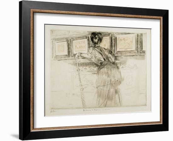 Woman Looking at Watteau Drawings in the Louvre, C. 1895-Paul Cesar Helleu-Framed Giclee Print