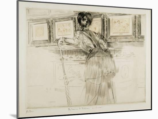 Woman Looking at Watteau Drawings in the Louvre, C. 1895-Paul Cesar Helleu-Mounted Giclee Print
