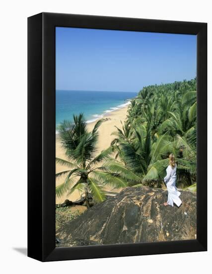 Woman Looking Over Coconut Palms to the Beach, Kovalam, Kerala State, India-Gavin Hellier-Framed Premier Image Canvas