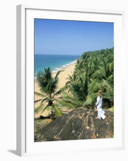 Woman Looking Over Coconut Palms to the Beach, Kovalam, Kerala State, India-Gavin Hellier-Framed Photographic Print