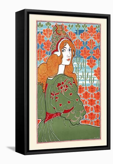 Woman Looking Over Her Shoulder With Stylized Flowers In The Background-Louis Rhead-Framed Stretched Canvas