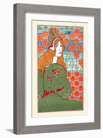 Woman Looking Over Her Shoulder With Stylized Flowers In The Background-Louis Rhead-Framed Art Print