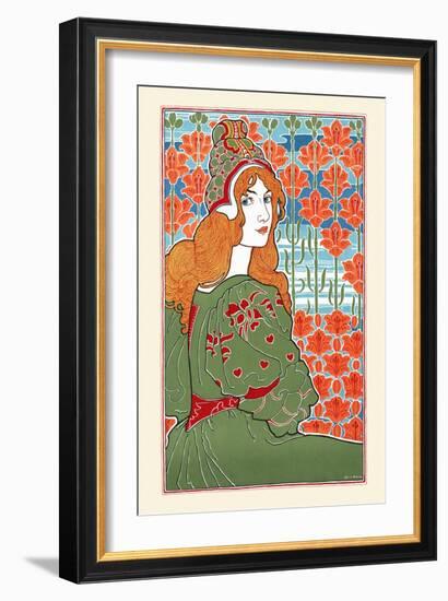 Woman Looking Over Her Shoulder With Stylized Flowers In The Background-Louis Rhead-Framed Art Print