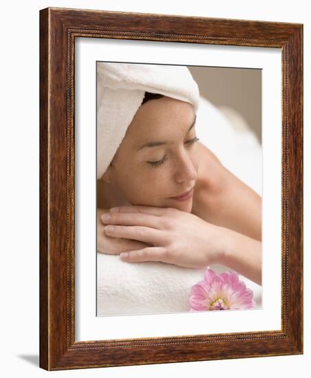Woman Lying Down, Resting on White Towel-null-Framed Photographic Print
