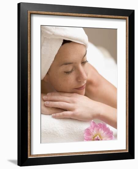 Woman Lying Down, Resting on White Towel-null-Framed Photographic Print