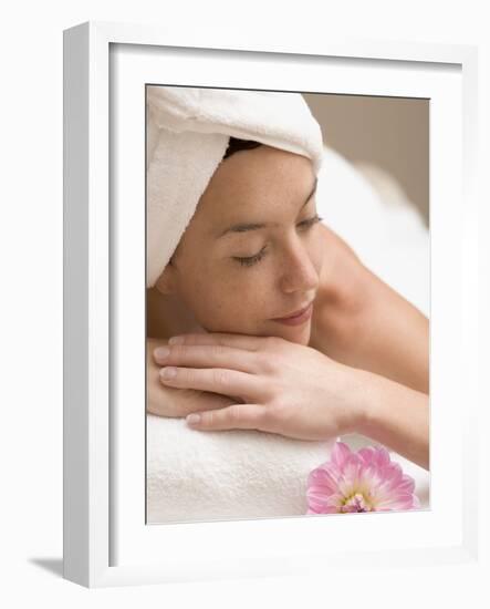 Woman Lying Down, Resting on White Towel-null-Framed Photographic Print