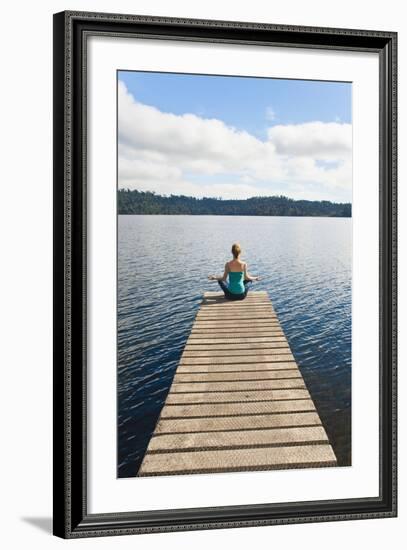 Woman Meditating on a Jetty, Lake Ianthe, West Coast, South Island, New Zealand, Pacific-Matthew Williams-Ellis-Framed Photographic Print