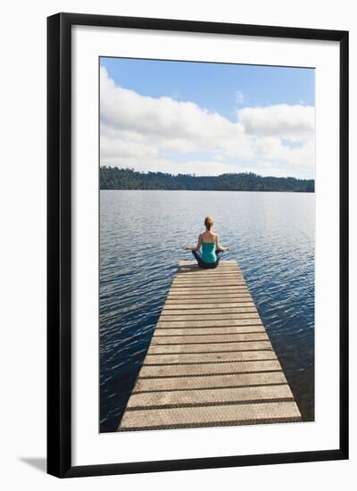 Woman Meditating on a Jetty, Lake Ianthe, West Coast, South Island, New Zealand, Pacific-Matthew Williams-Ellis-Framed Photographic Print