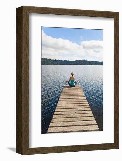 Woman Meditating on a Jetty, Lake Ianthe, West Coast, South Island, New Zealand, Pacific-Matthew Williams-Ellis-Framed Photographic Print