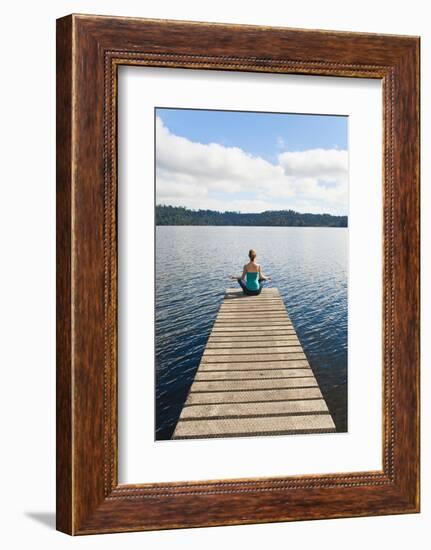 Woman Meditating on a Jetty, Lake Ianthe, West Coast, South Island, New Zealand, Pacific-Matthew Williams-Ellis-Framed Photographic Print