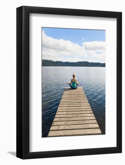 Woman Meditating on a Jetty, Lake Ianthe, West Coast, South Island, New Zealand, Pacific-Matthew Williams-Ellis-Framed Photographic Print