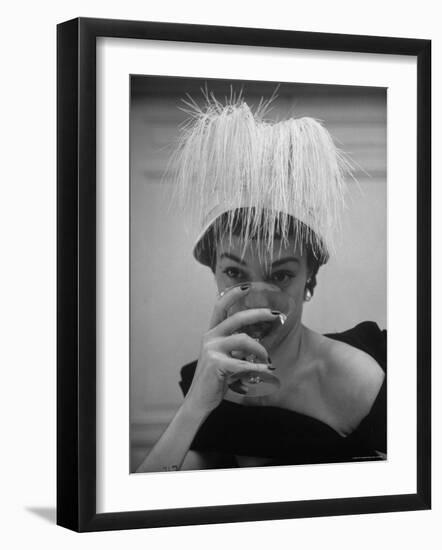 Woman Modeling White Satin Hat, with White Glycerin Feathers to Flatter Low Draped Neckline-Nina Leen-Framed Photographic Print