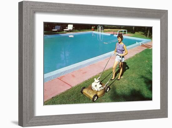 Woman Mowing Lawn by Pool, Retro-null-Framed Art Print