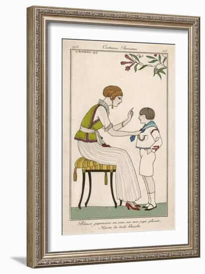 Woman: Narrow Pleated Skirt, Japonaise Silk Blouse, Short Sleevless Tunic and Sash-Georges Barbier-Framed Art Print