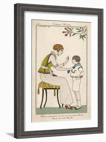 Woman: Narrow Pleated Skirt, Japonaise Silk Blouse, Short Sleevless Tunic and Sash-Georges Barbier-Framed Art Print