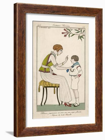 Woman: Narrow Pleated Skirt, Japonaise Silk Blouse, Short Sleevless Tunic and Sash-Georges Barbier-Framed Art Print