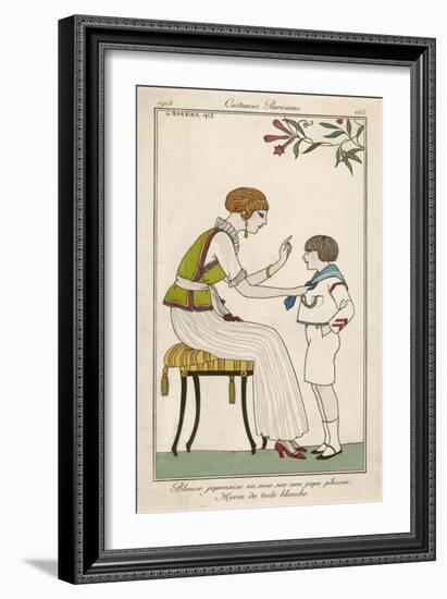 Woman: Narrow Pleated Skirt, Japonaise Silk Blouse, Short Sleevless Tunic and Sash-Georges Barbier-Framed Art Print