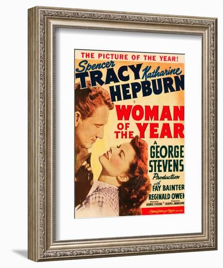 Woman of the Year, Spencer Tracy, Katharine Hepburn on window card, 1942-null-Framed Premium Giclee Print