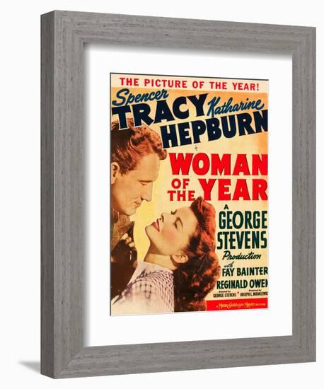 Woman of the Year, Spencer Tracy, Katharine Hepburn on window card, 1942-null-Framed Premium Giclee Print