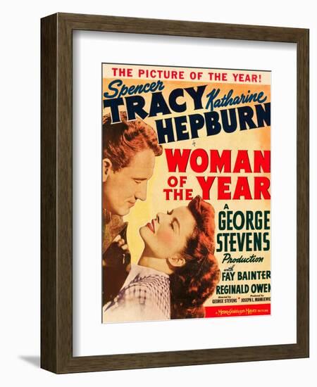 Woman of the Year, Spencer Tracy, Katharine Hepburn on window card, 1942-null-Framed Premium Giclee Print